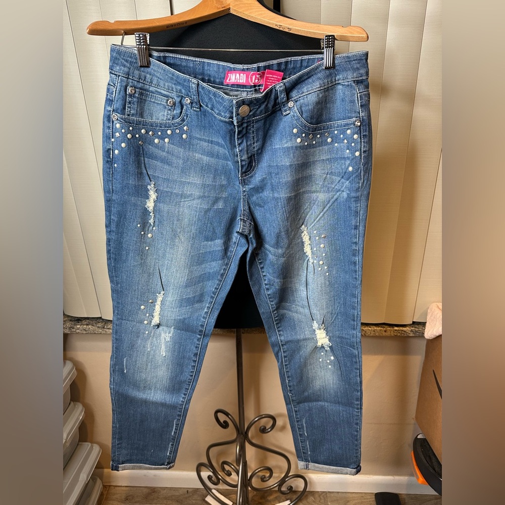 Zanadi Blue Boyfriend Jeans Distressed Studded Style Size 15